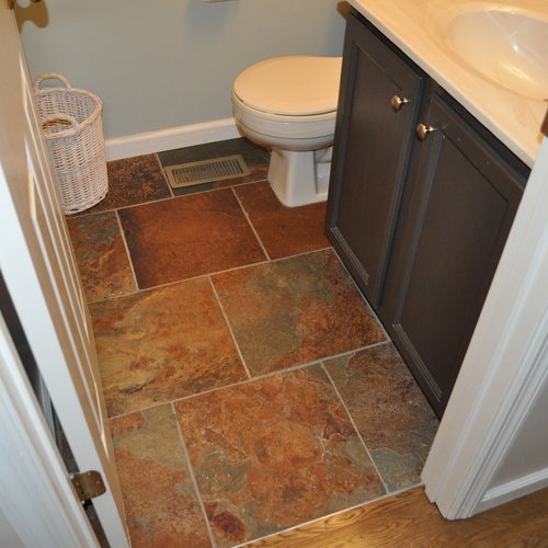 16″ Slate in bathroom ~ flush height with 3/4″ hardwood flooring